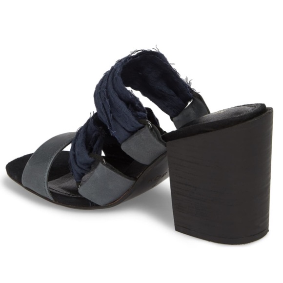 Leather/Fabric Frayed Block Heel Open Toe Mules - Picture 6 of 10